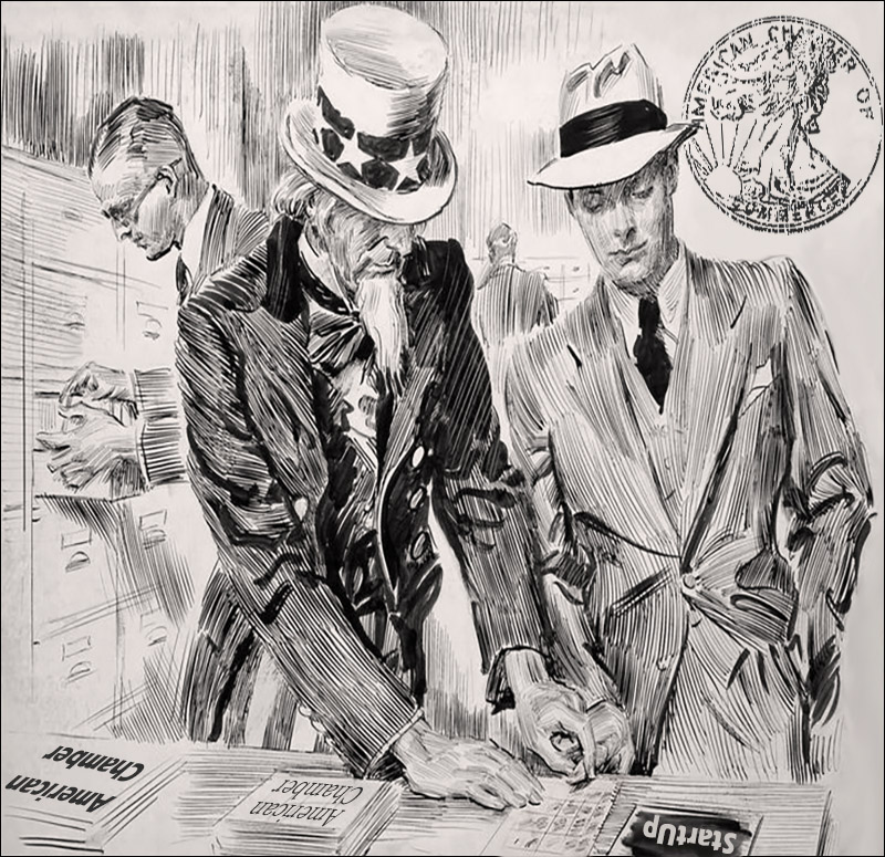 old pencil sketch of uncle sam fingerprinting a business man in a suite to represent the chamber vetting member businesses